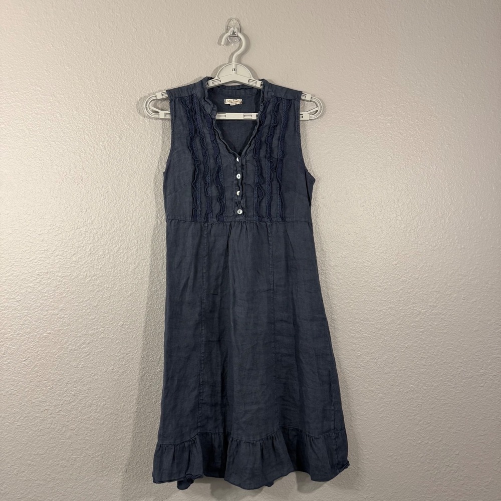 Lina Tomei Women's Size XS Blue Linen Blend Sleeveless Ruffle Front Dress